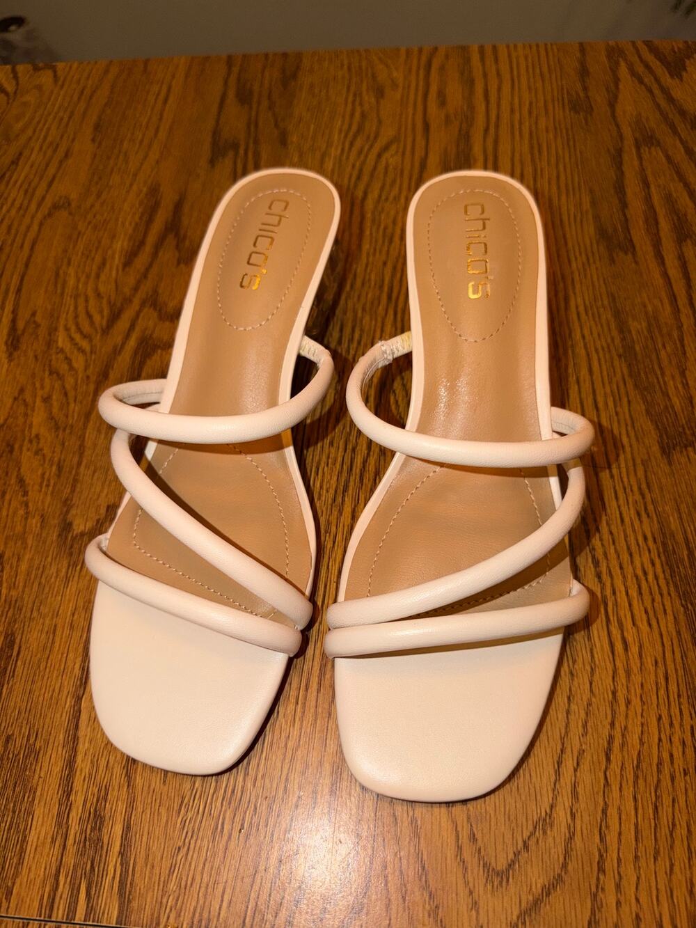 Chico’s Marina Round Lucite Sandals 8.5 Bone Leather Strappy Clear Heel